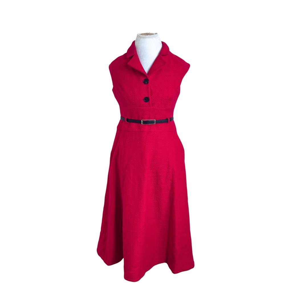 Karen Millen Petite Vintage Tweed Fit Flare Midi Dress 8 Red Belted Timeless